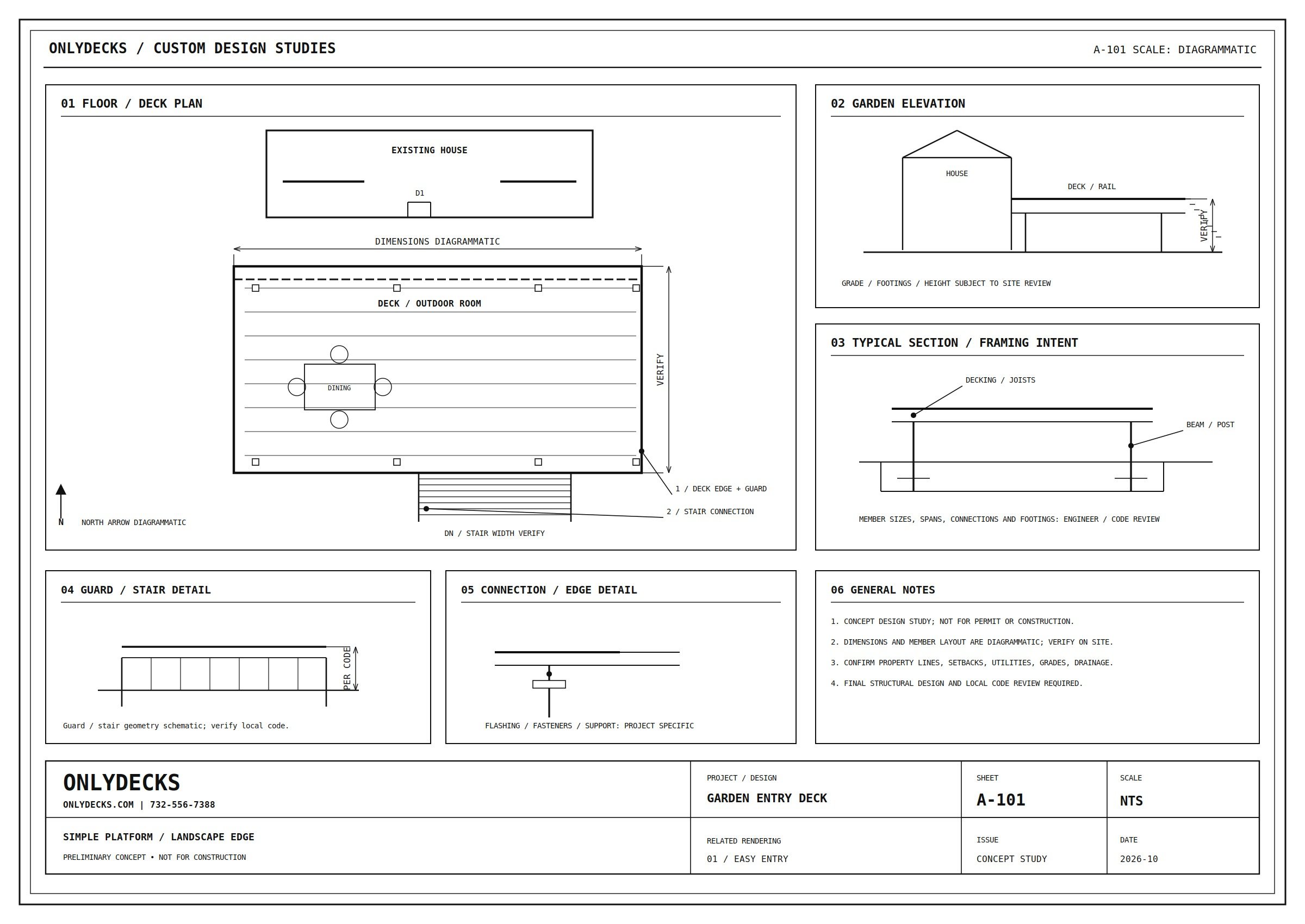 Black-and-white CAD-style OnlyDecks A-101 preliminary deck plan with elevation, sections, dimensions, details, and title block