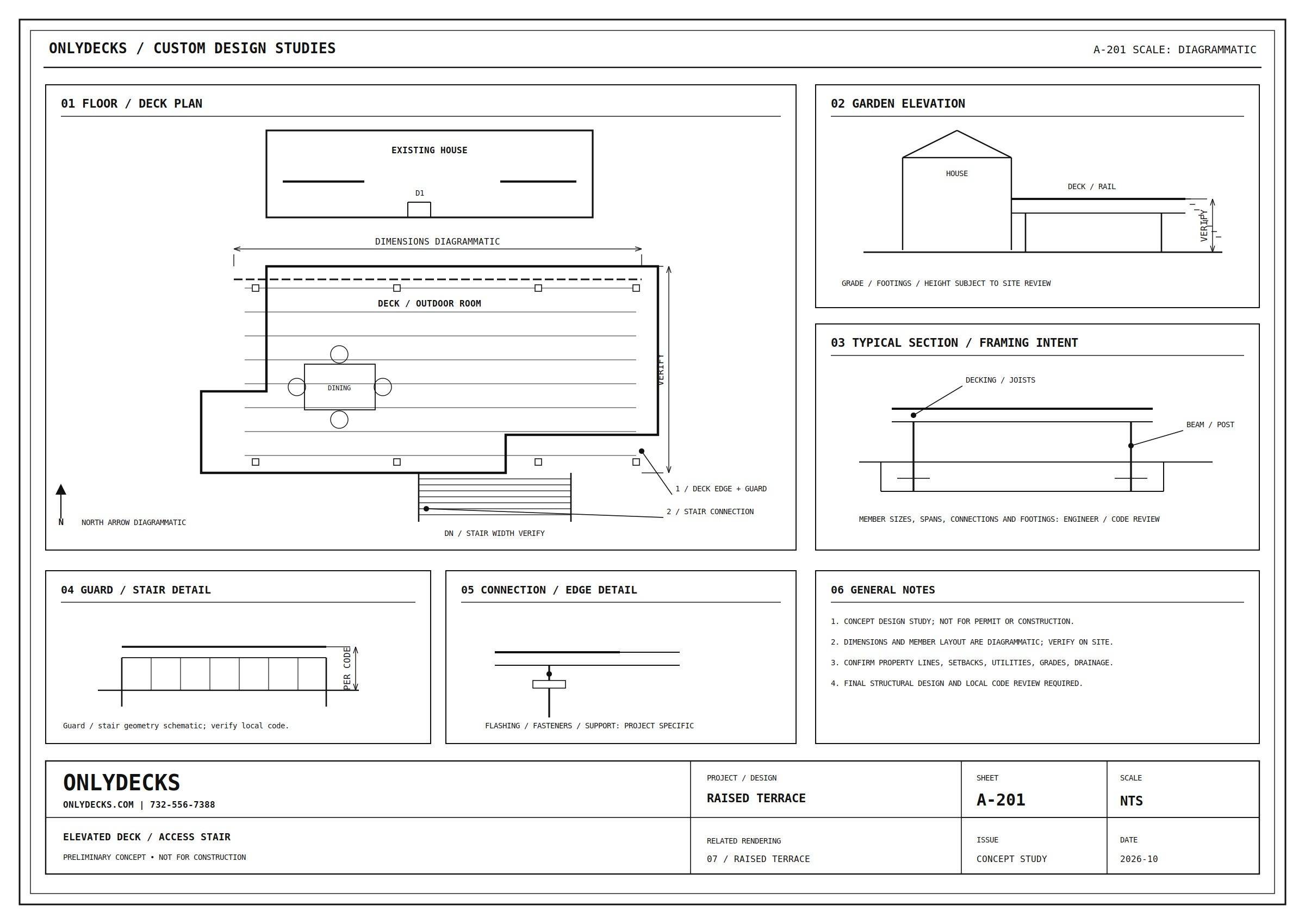 Black-and-white CAD-style OnlyDecks A-201 preliminary raised-deck plan with elevation, sections, dimensions, details, and title block