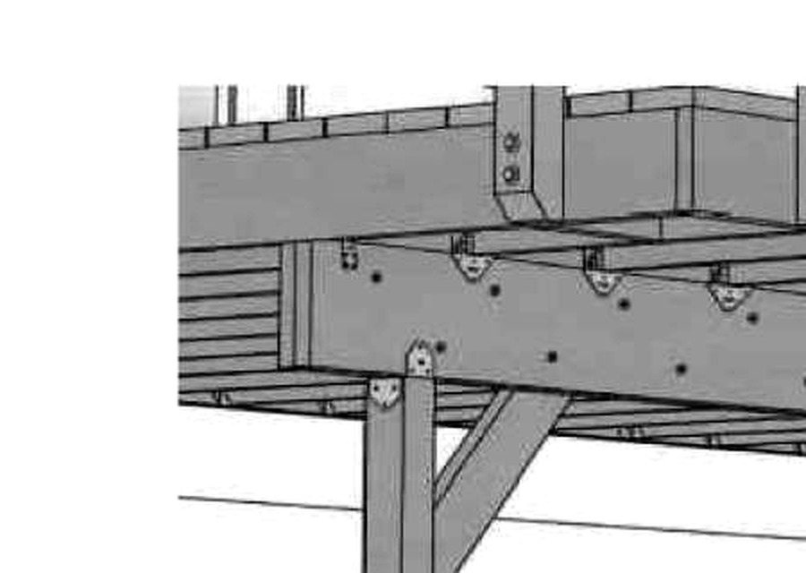 Monochrome CAD detail of a deck beam, post, joists, and metal connectors