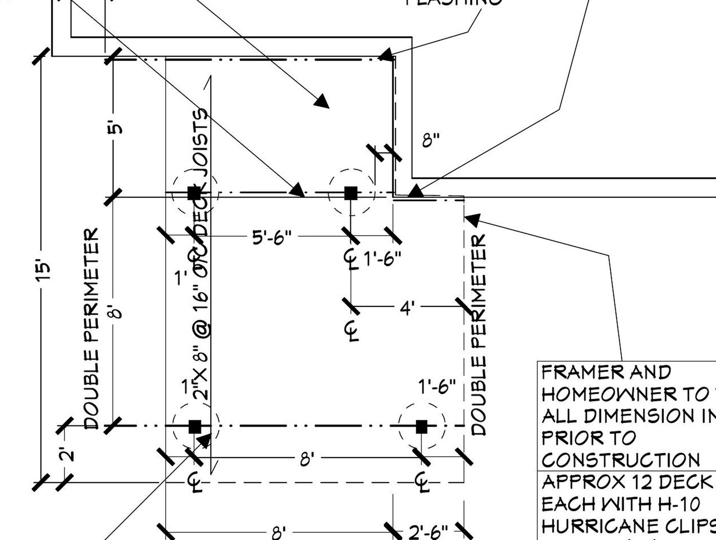 Monochrome CAD plan detail showing deck post and footing layout