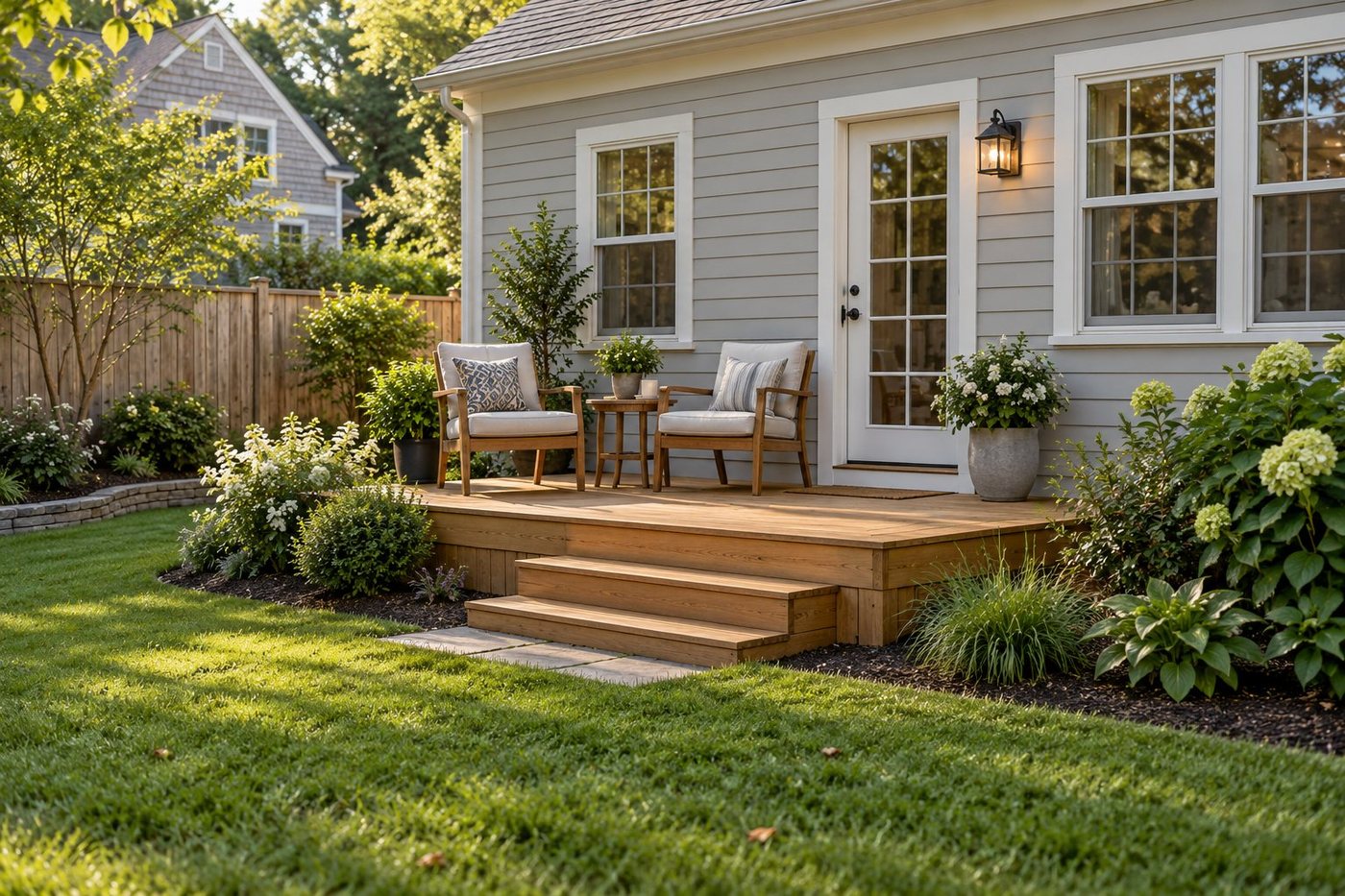 Simple low wood deck with two chairs, steps, lawn, and planted border beside a light-sided home