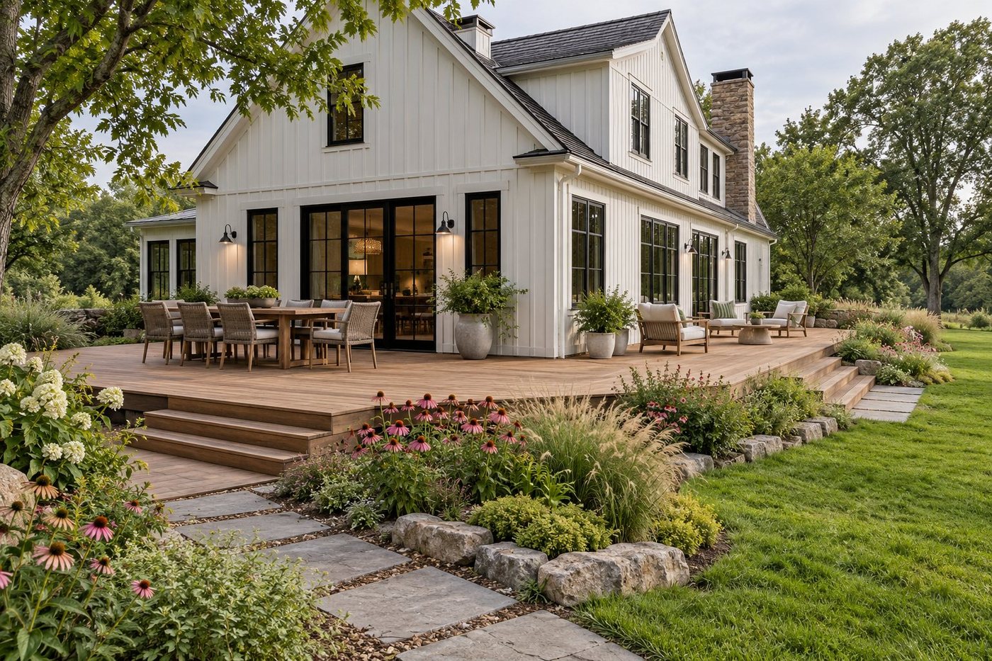 Wraparound farmhouse deck with dining and lounge areas, wide low steps, native flowers, and a stone garden walk