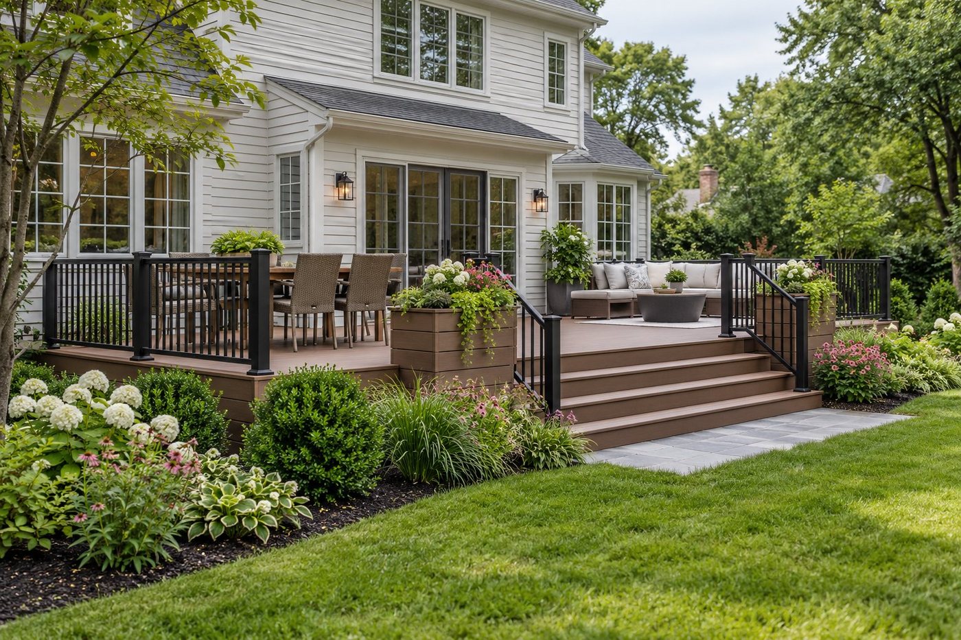 Composite deck with separate dining and lounge areas, dark railing, broad stairs, and colorful planting