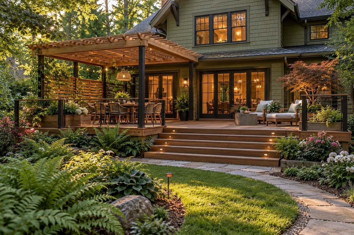 Craftsman home deck with partial pergola, dining area, lounge space, stairs, and lush planting