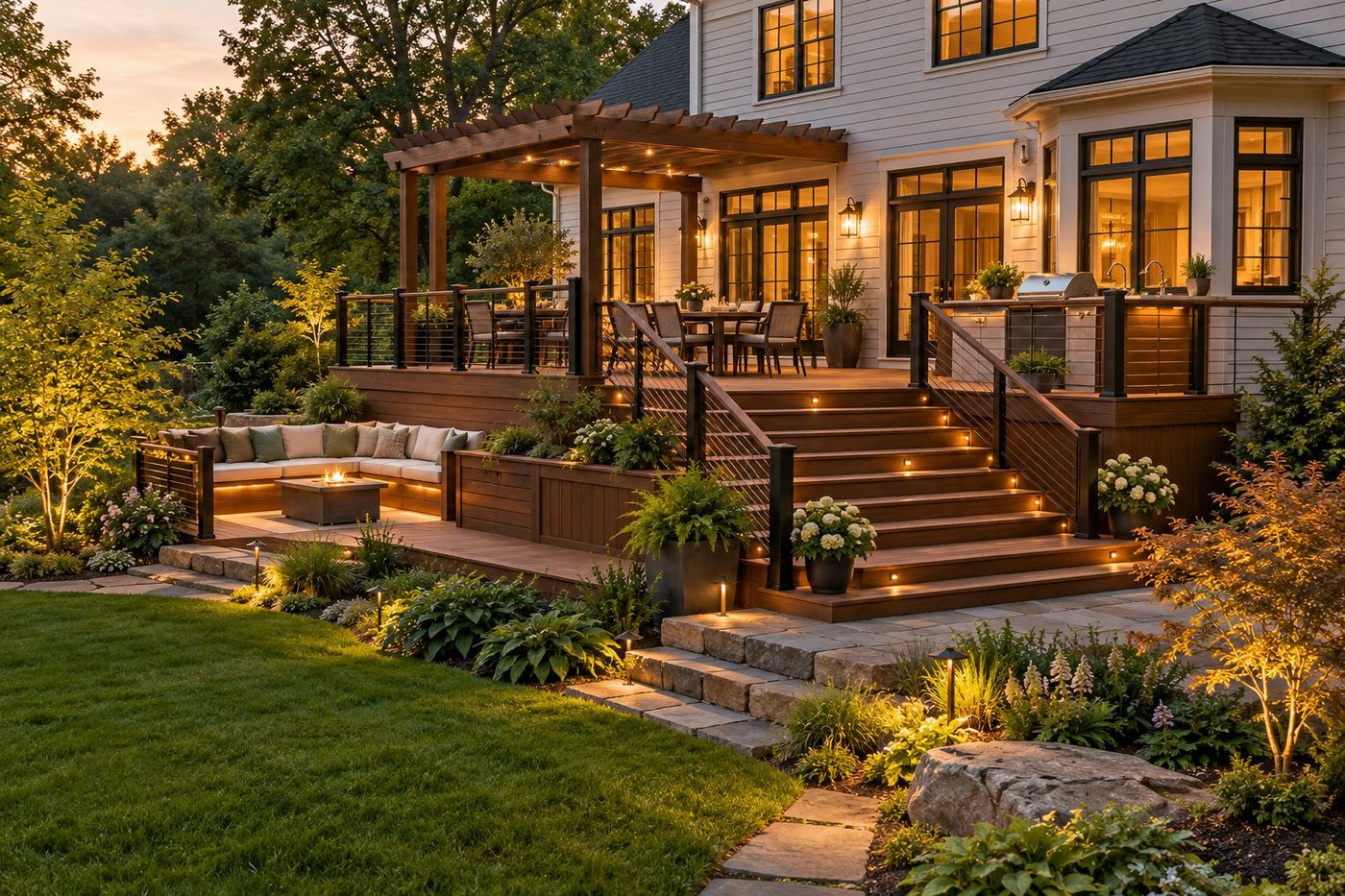 Large multi-zone deck with pergola, outdoor kitchen, built-in lounge, wide lit stairs, and detailed landscape