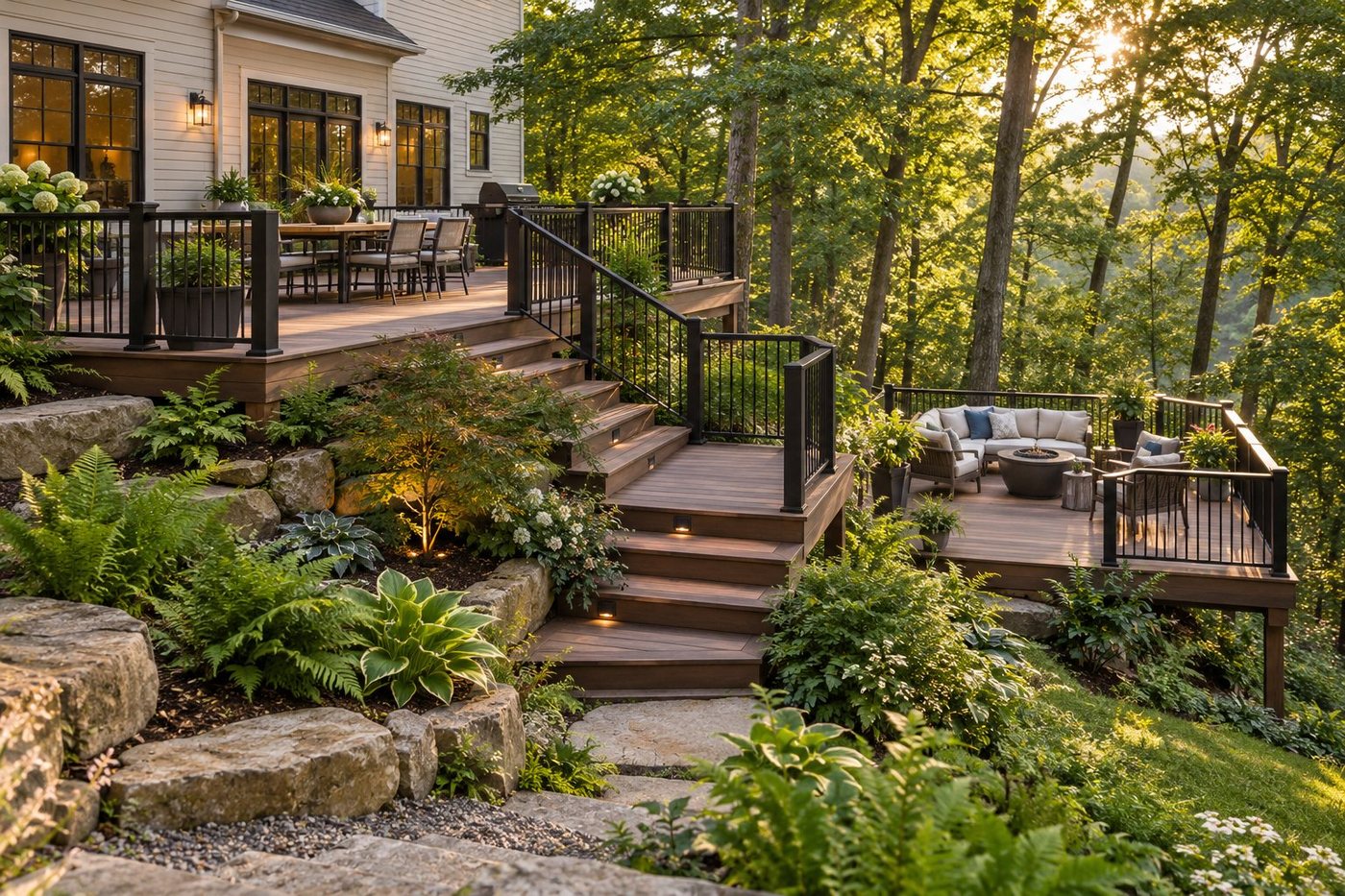 Two-level hillside deck with broad connecting stairs, lower lounge, stone garden walls, and woodland planting