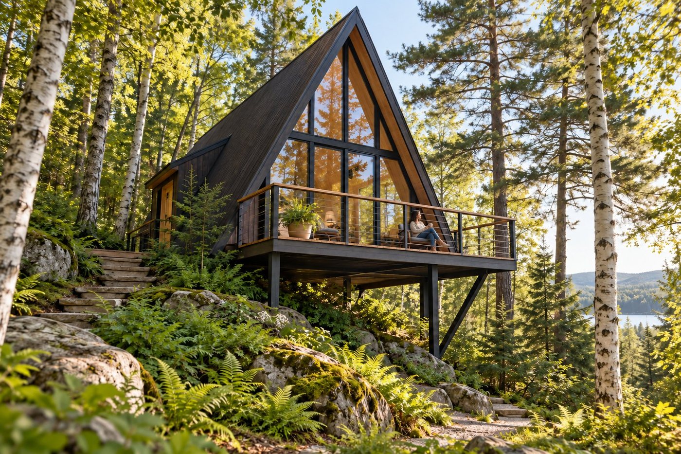 A-frame tree cabin with a front deck high among trees, with two people taking in the view