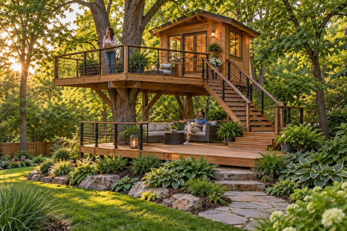 Two-level tree home connected by broad deck stairs with a family using the lower terrace