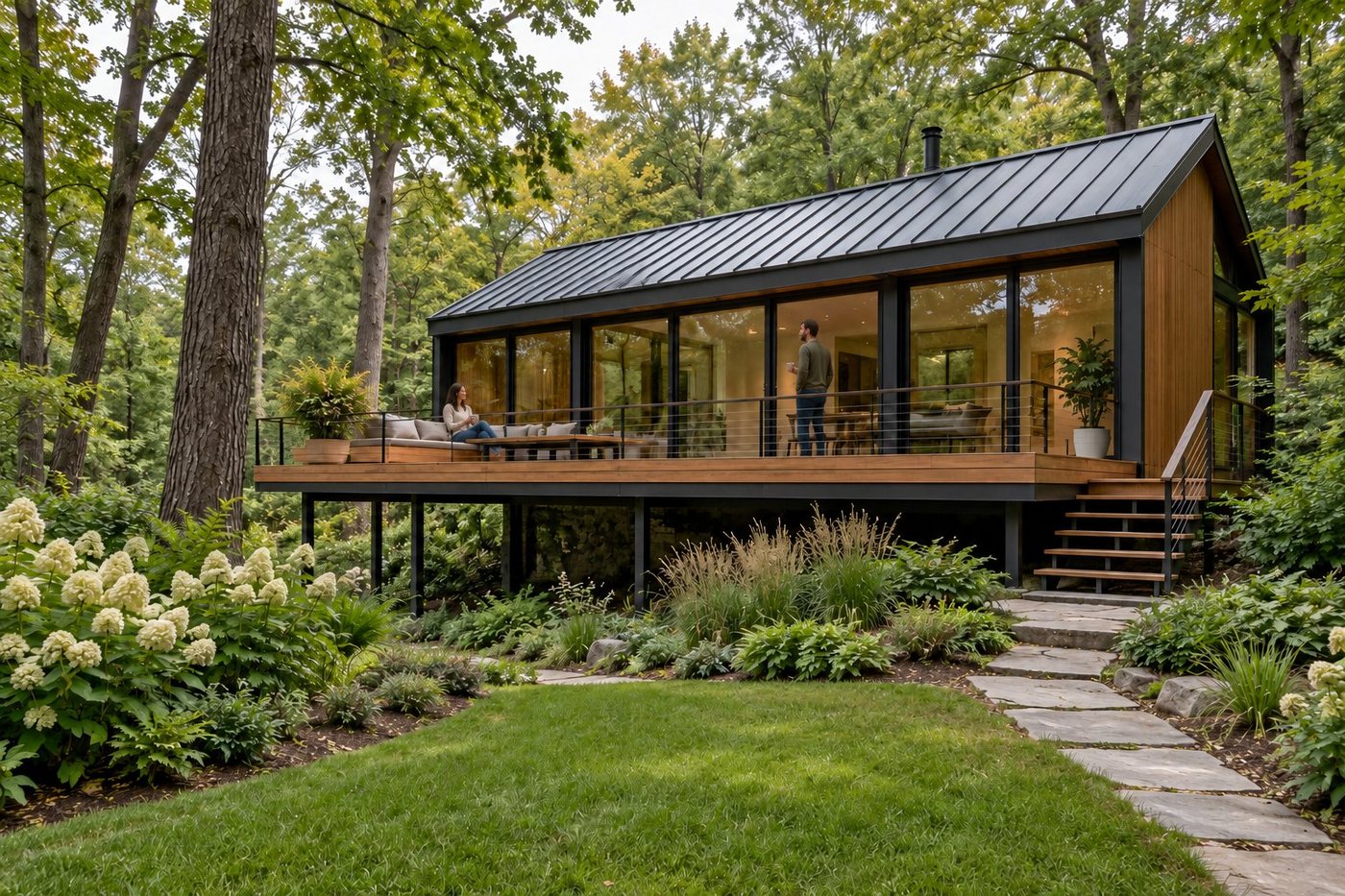 Modern glass-front tree cabin with a long deck among hardwoods and people relaxing outside