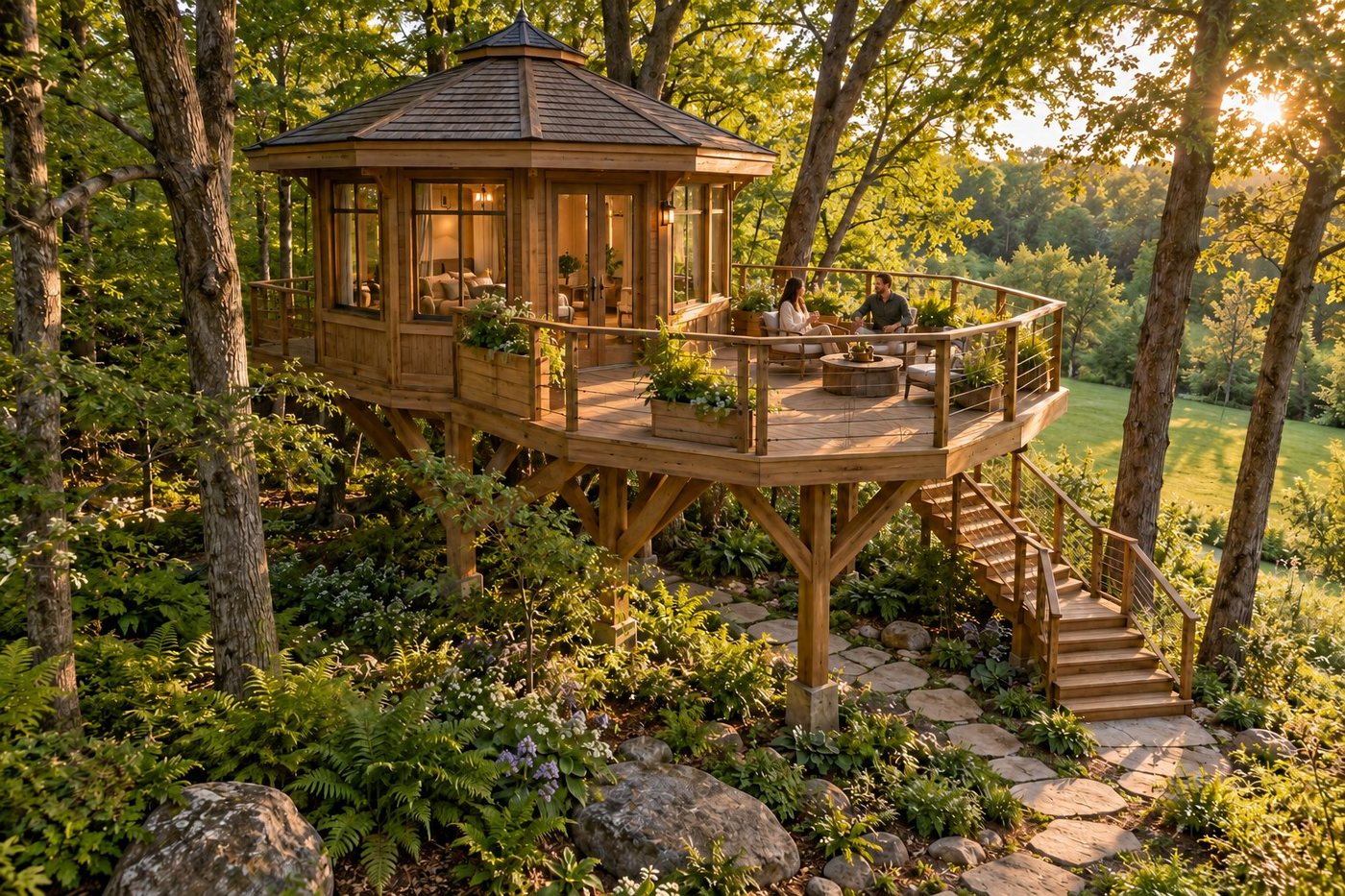 Octagonal tree home and faceted deck in a landscaped woodland garden, with people for scale
