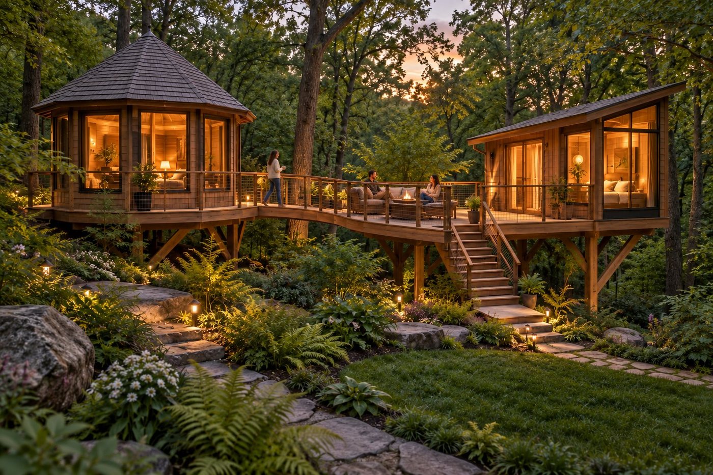 Two small tree homes connected by a shared curved deck with people walking between them