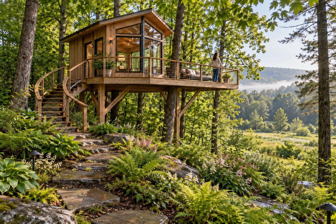 Small lookout tree cabin with a long viewing deck and people looking into a woodland clearing